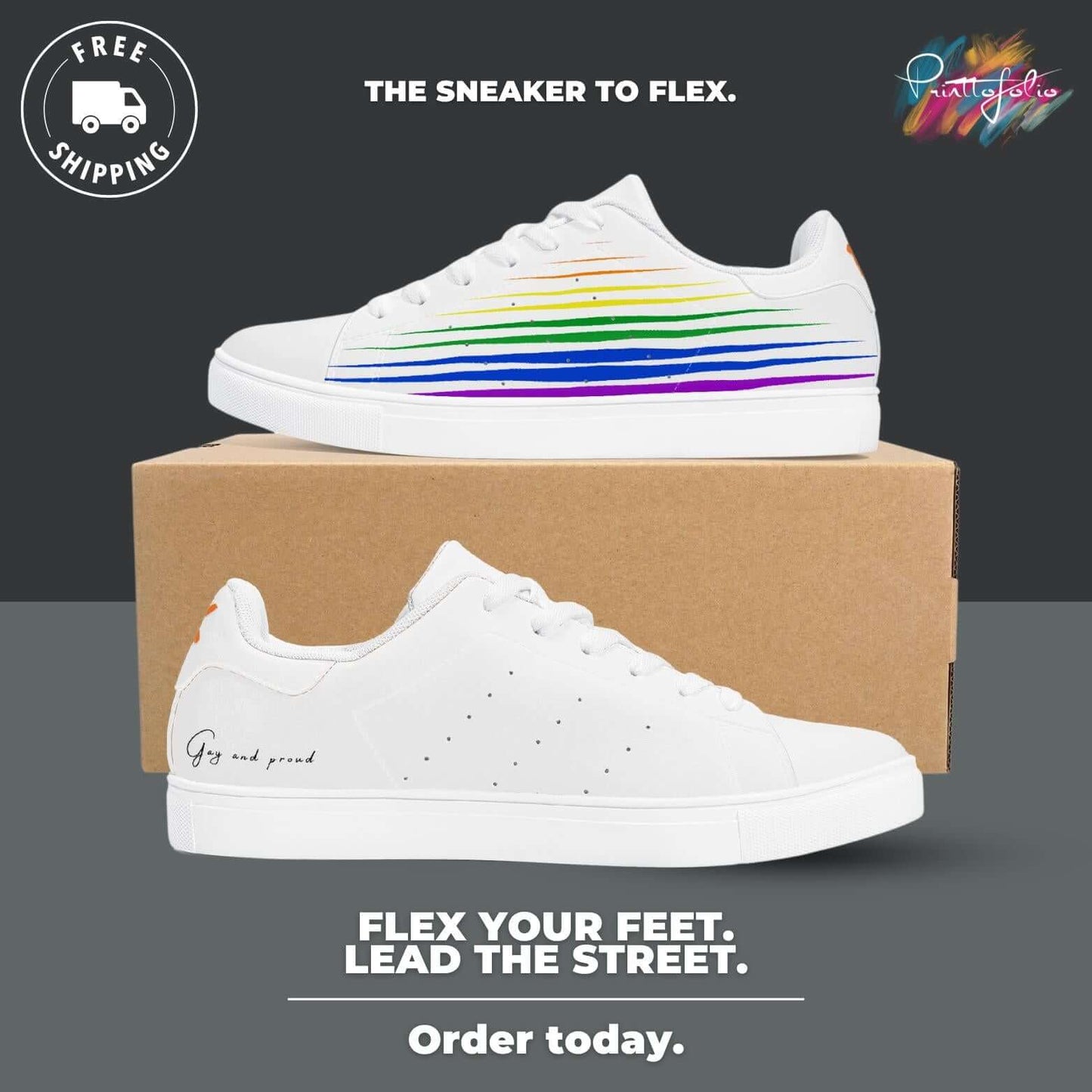 a pair of white sneakers with rainbow stripes on them
