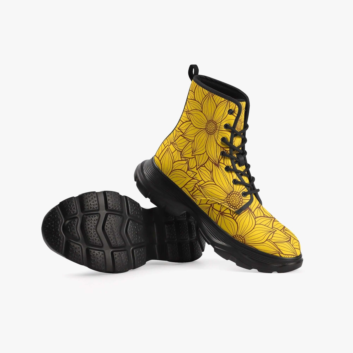 Pair of yellow boho boots with sunflower pattern