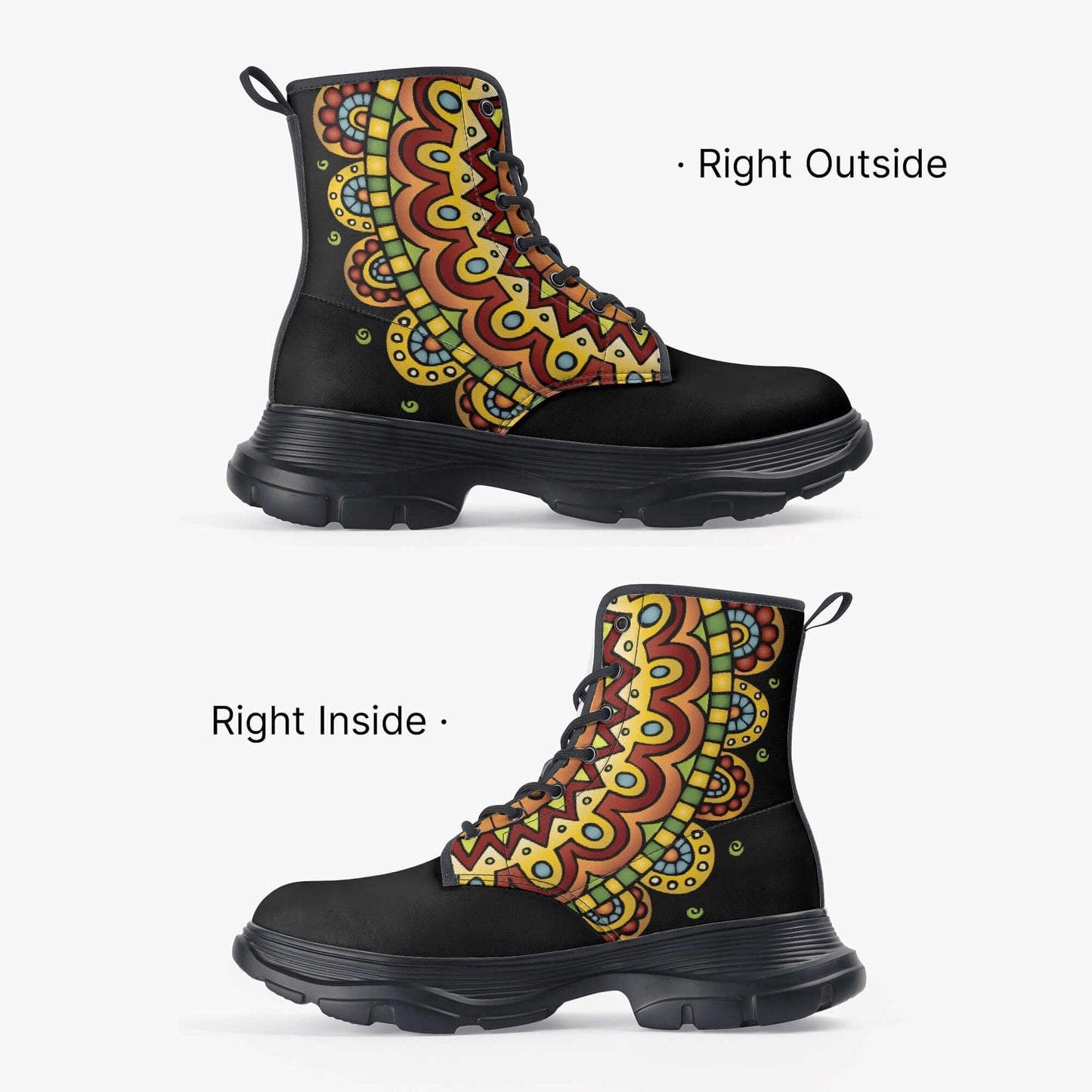 Tribal casual leather boots with colorful swirl design, showcasing black eco-friendly upper, perfect for boho style and daily wear.