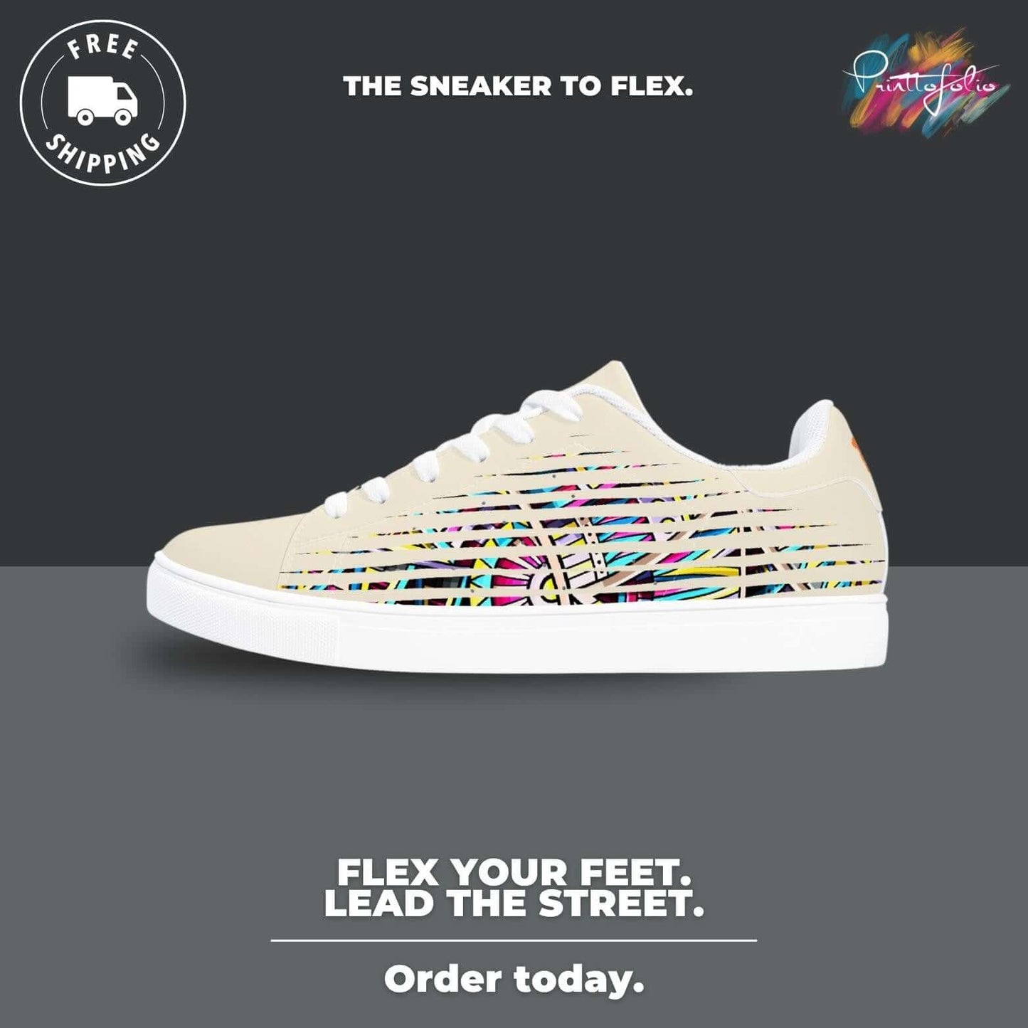 a white sneaker with a colorful pattern on it