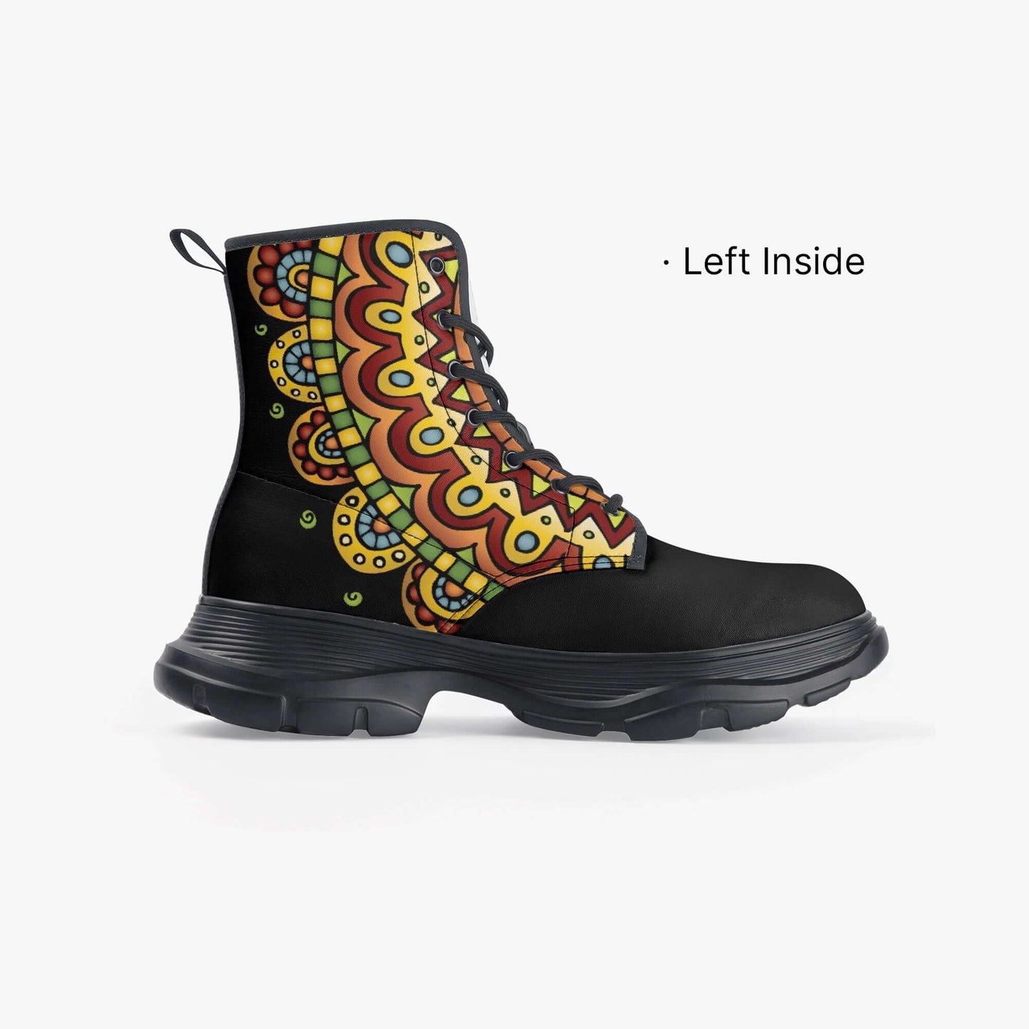 Tribal casual leather boots in black with vibrant patterned design, perfect for boho vintage styles and outdoor adventures.