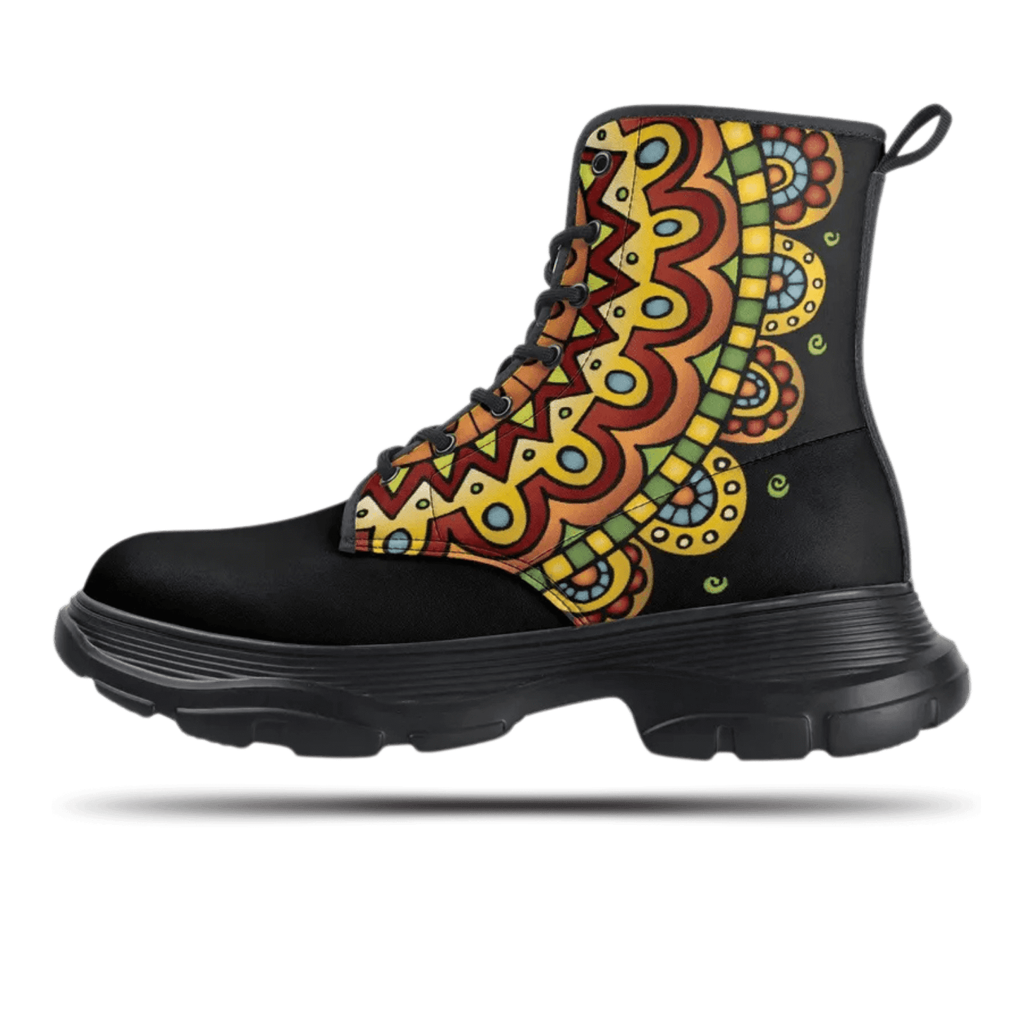 Tribal casual leather boots with colorful design, black rubber sole, perfect for boho and vintage style lovers.