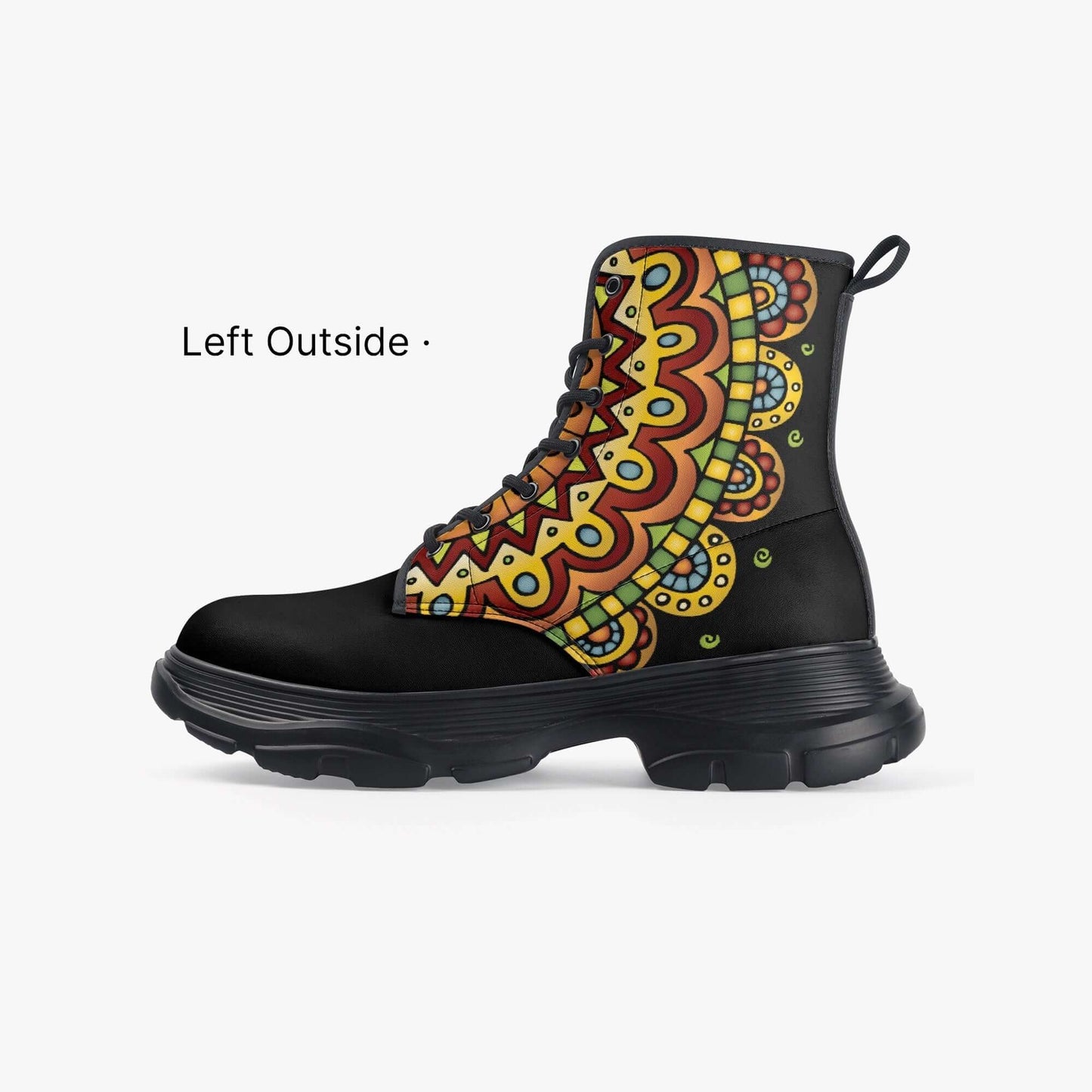 Tribal casual black leather boots with vibrant boho patterns for unisex daily wear and hiking adventures.