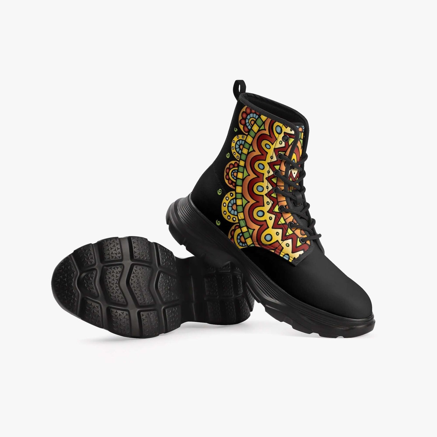 Tribal black casual leather boots with colorful vintage design, perfect for boho style and outdoor adventures.