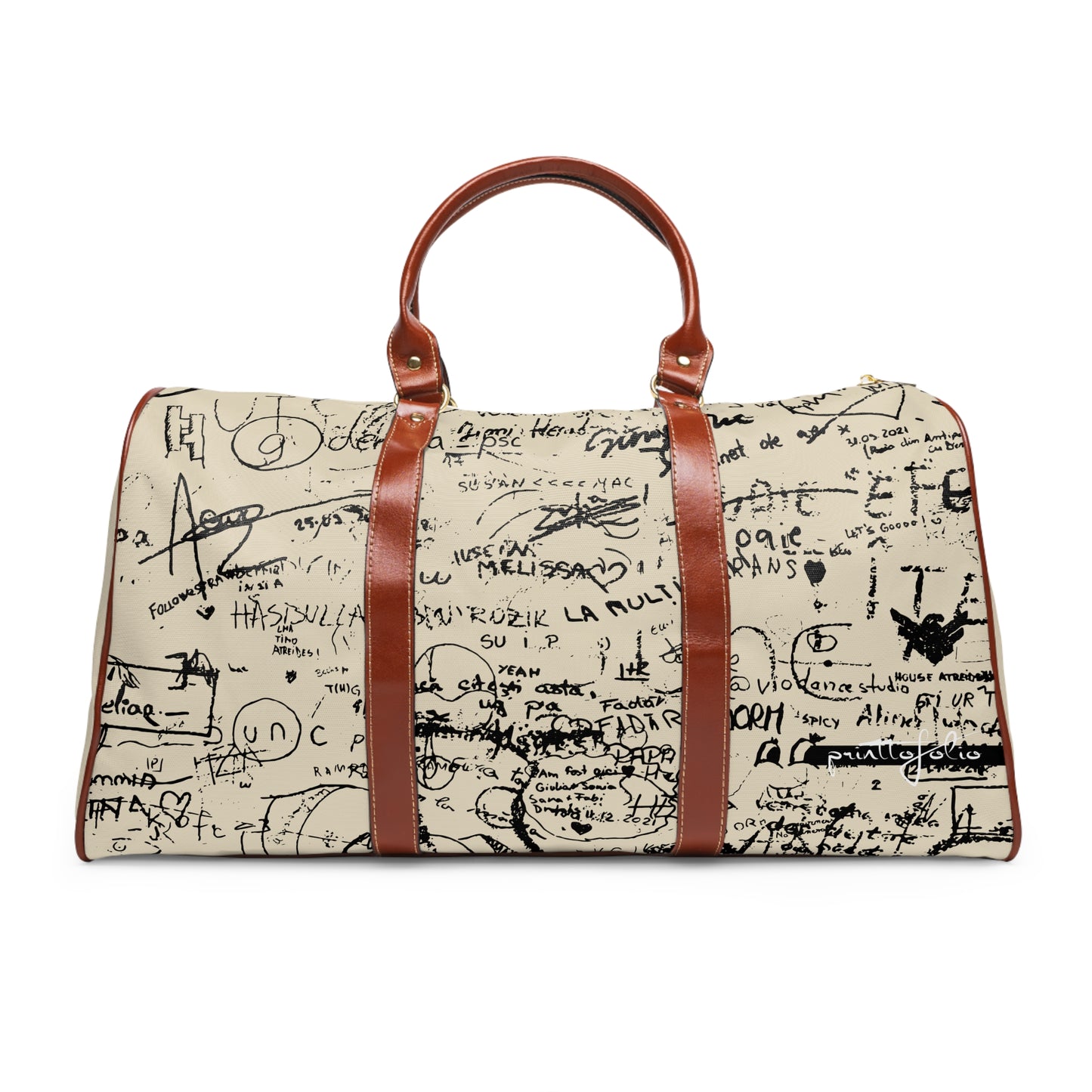 Beige handbag with black text and brown leather handles on a white background