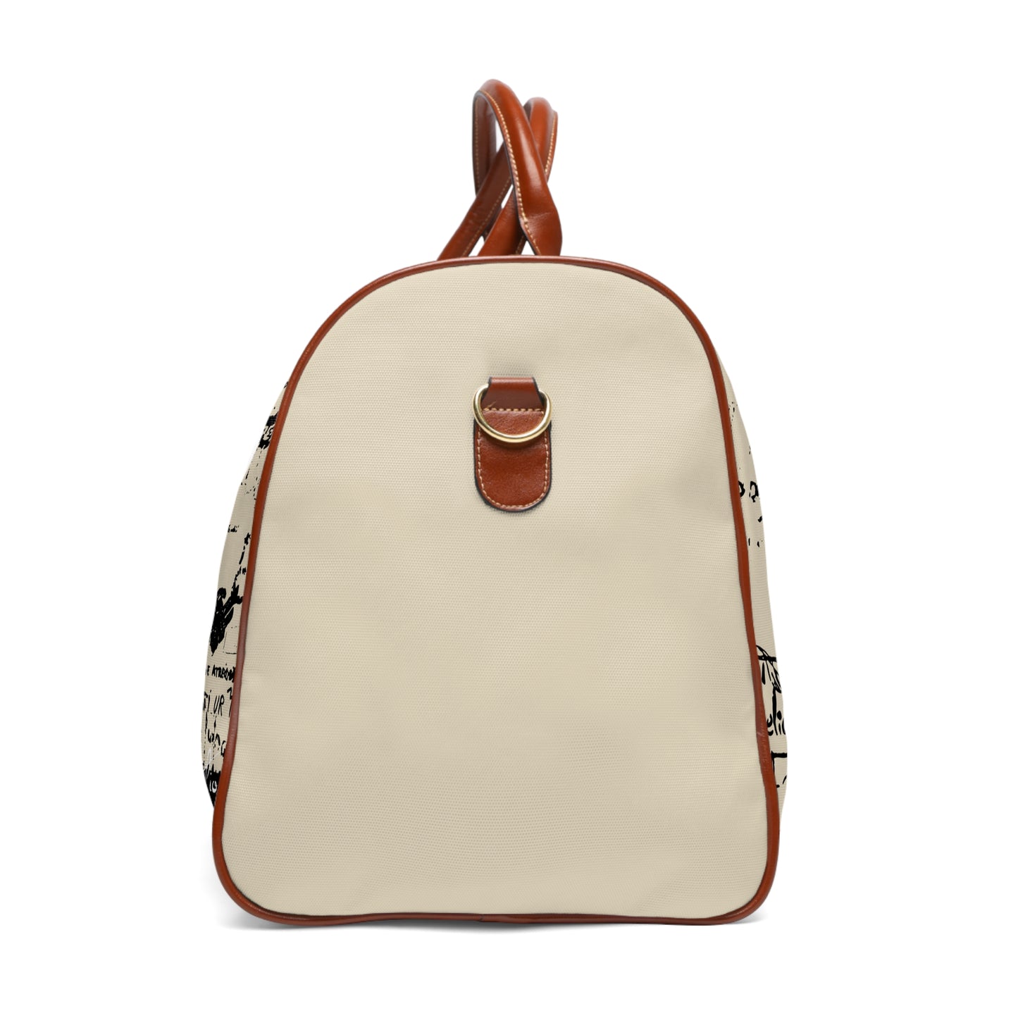 Beige backpack with brown leather accents on a white background