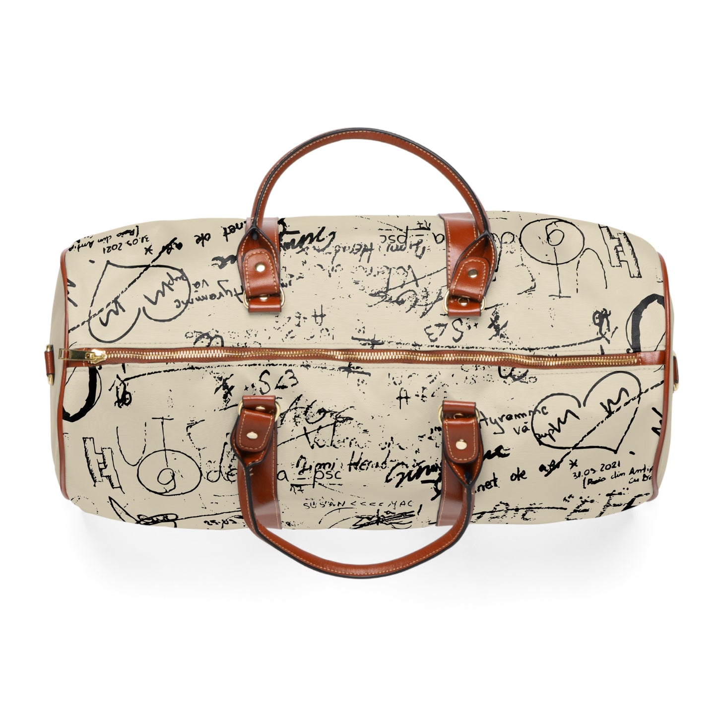 Duffel bag with artistic designs and text on a white background