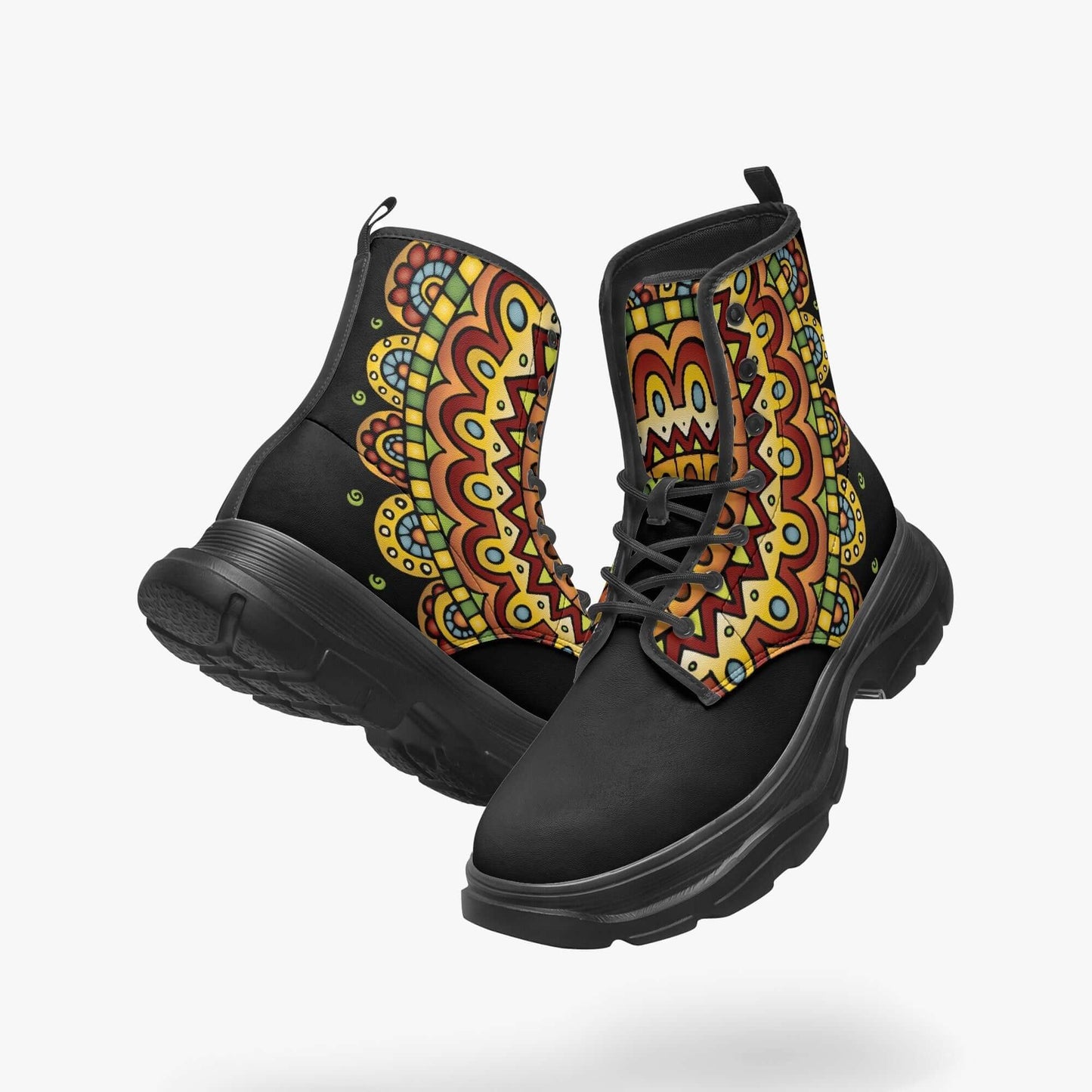 Tribal black casual leather boots featuring colorful boho patterns, perfect for vintage style and outdoor adventures.