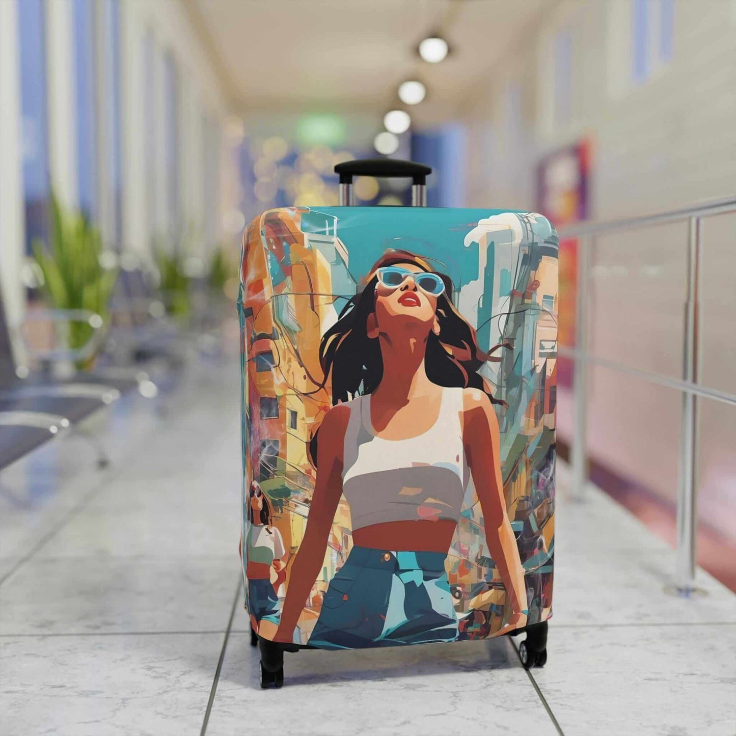 The happy girl suitcase protector.