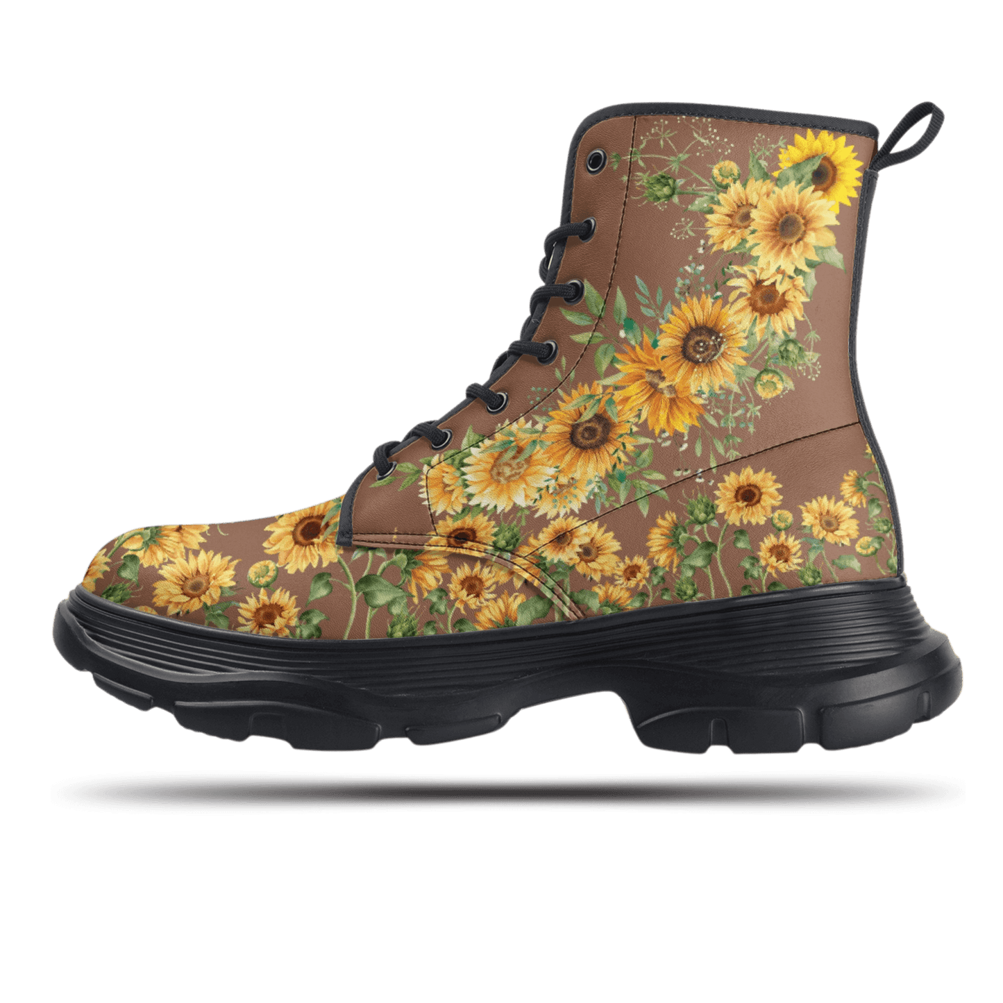 a brown boot with sunflowers on it