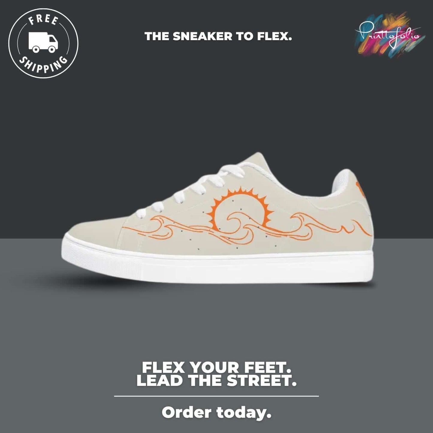 a white sneaker with an orange sun on it