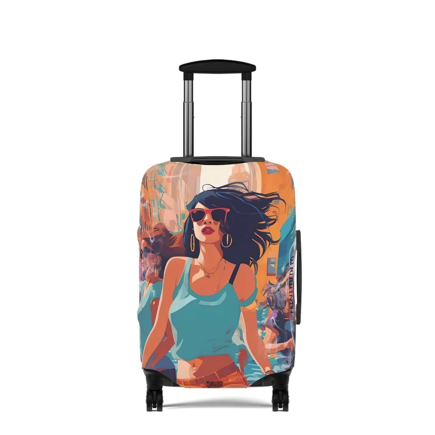 a suitcase with a picture of a woman on it