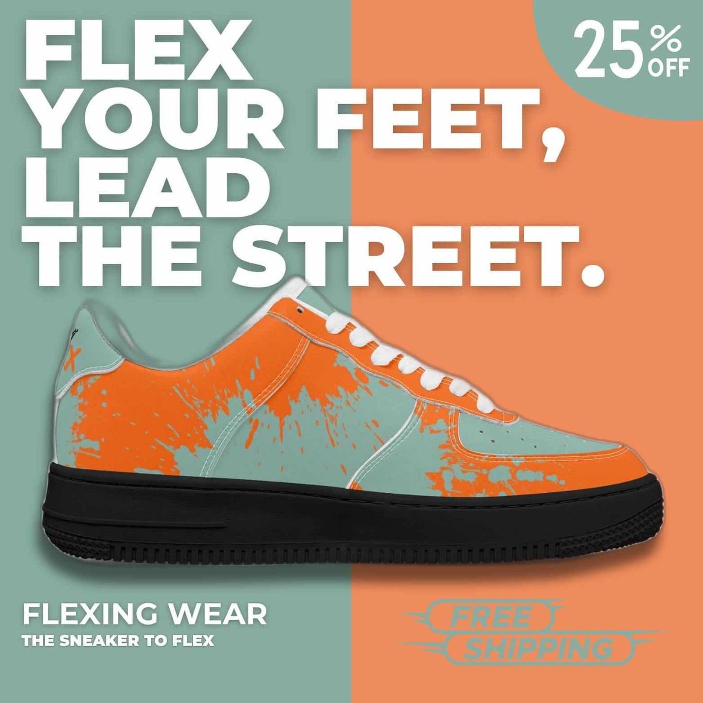 Orange splash blue sneaker.