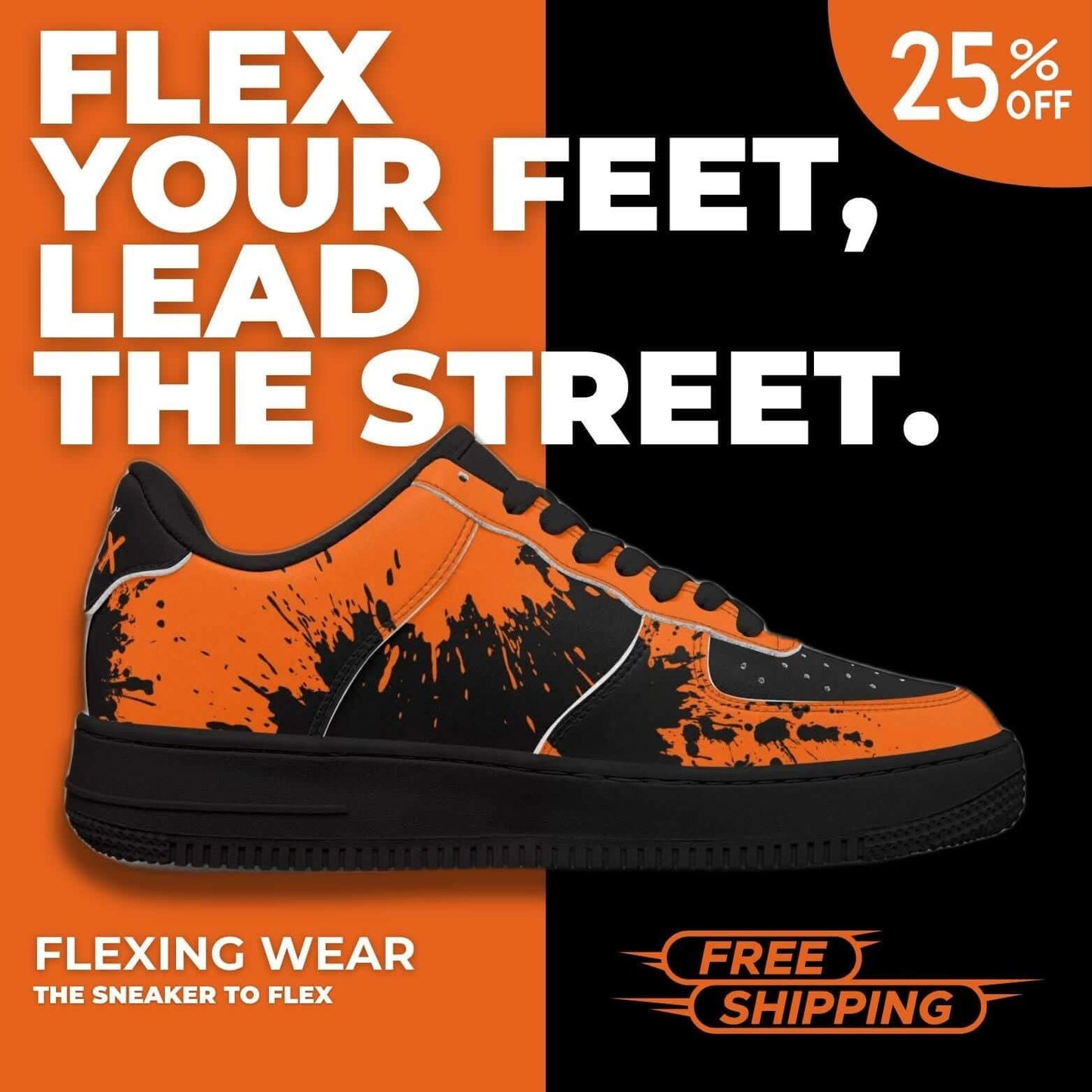 Orange splash black sneaker.