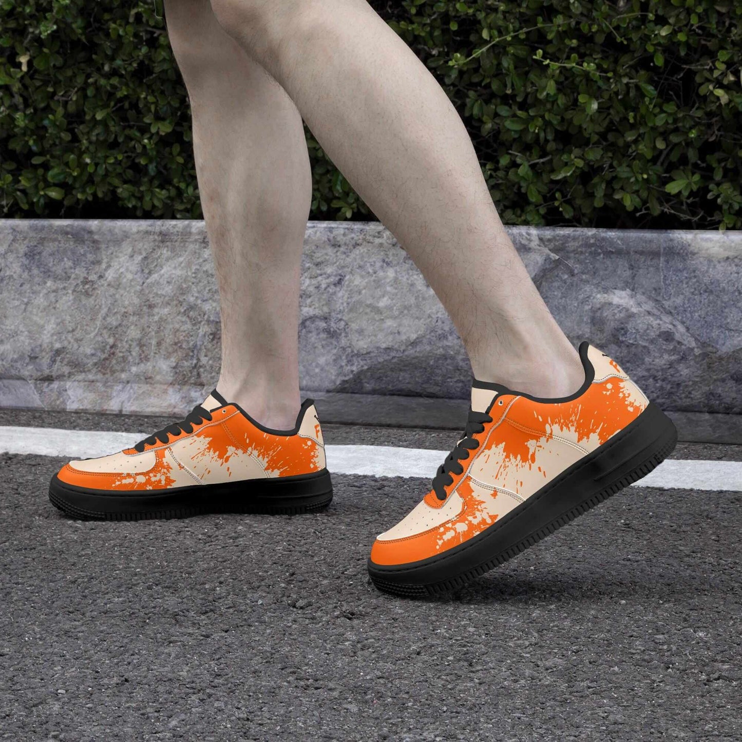 Orange splash sneakers.