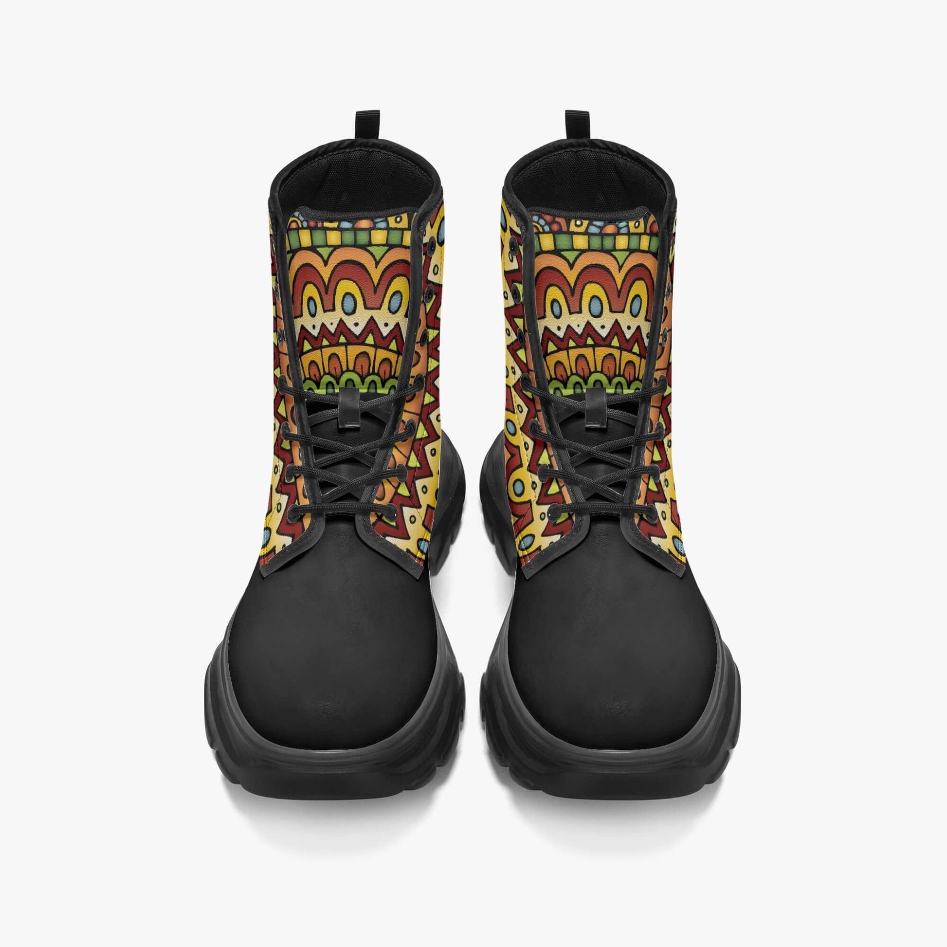 Tribal casual black boots with colorful boho patterns, designed for unisex and perfect for vintage style lovers.
