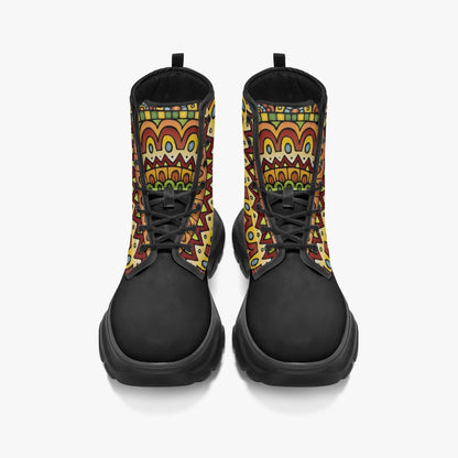 Tribal casual black boots with colorful boho patterns, designed for unisex and perfect for vintage style lovers.