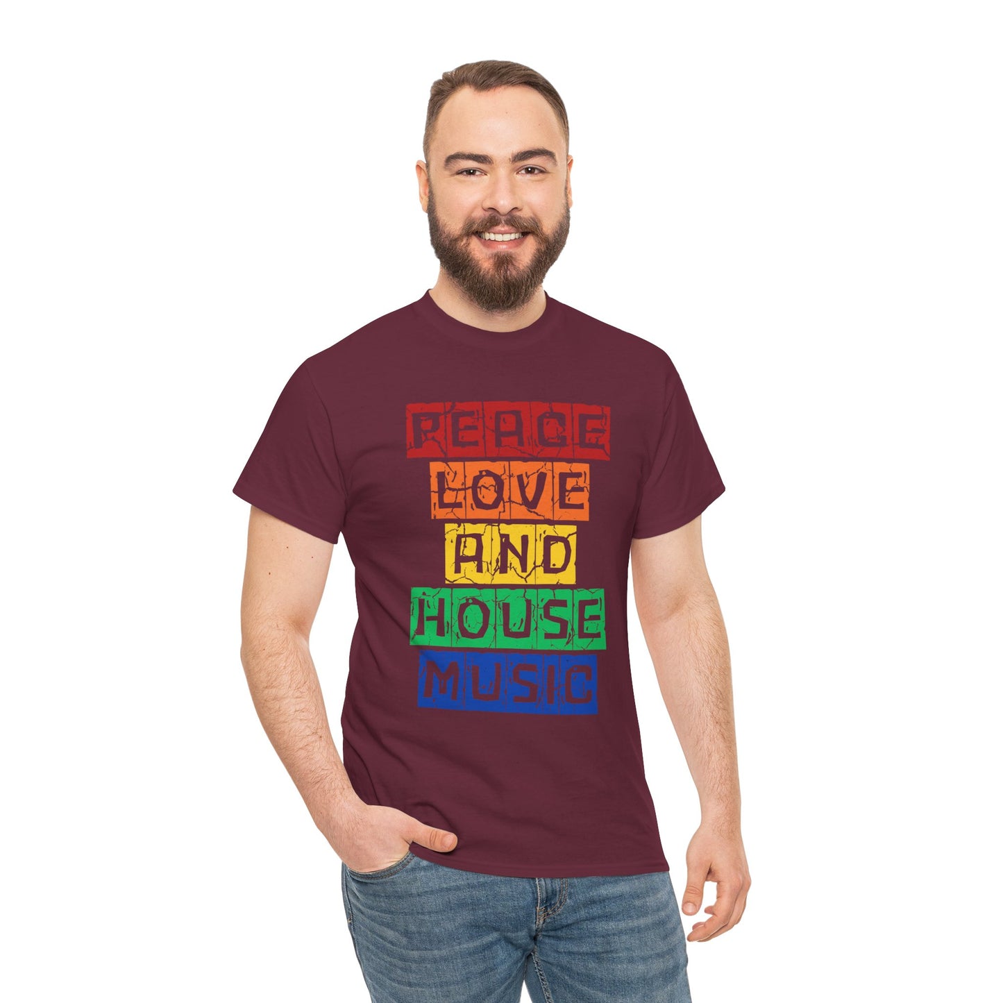 Peace Love and House Music T-Shirt — Unisex Heavy Cotton Tee