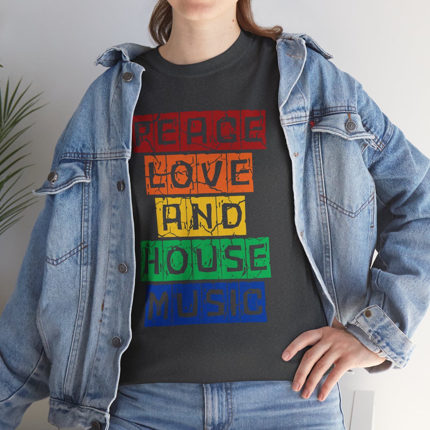 Peace Love and House Music T-Shirt — Unisex Heavy Cotton Tee