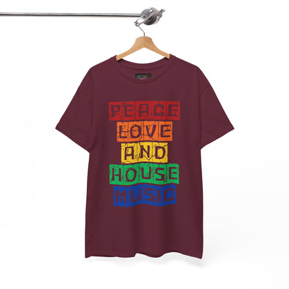 Peace Love and House Music T-Shirt — Unisex Heavy Cotton Tee