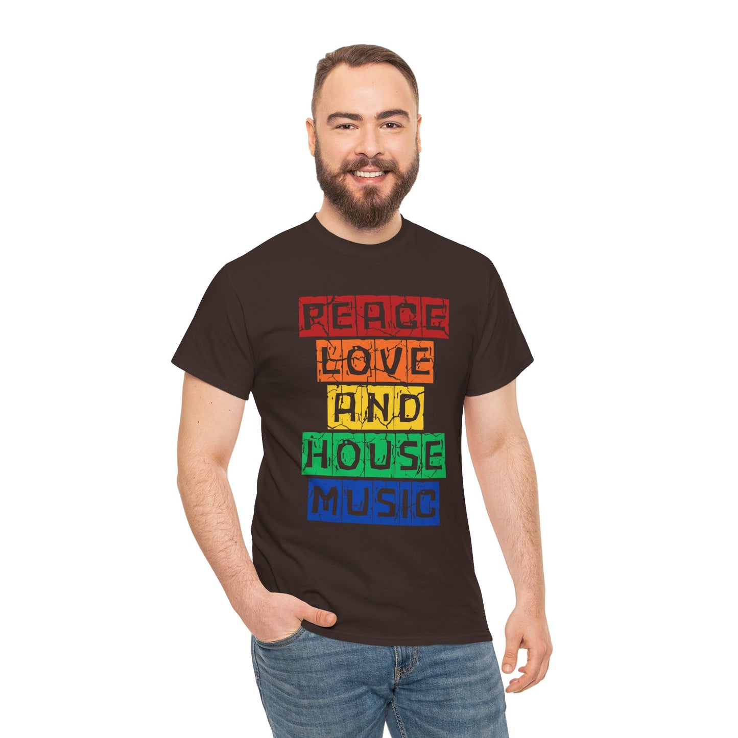 Peace Love and House Music T-Shirt — Unisex Heavy Cotton Tee