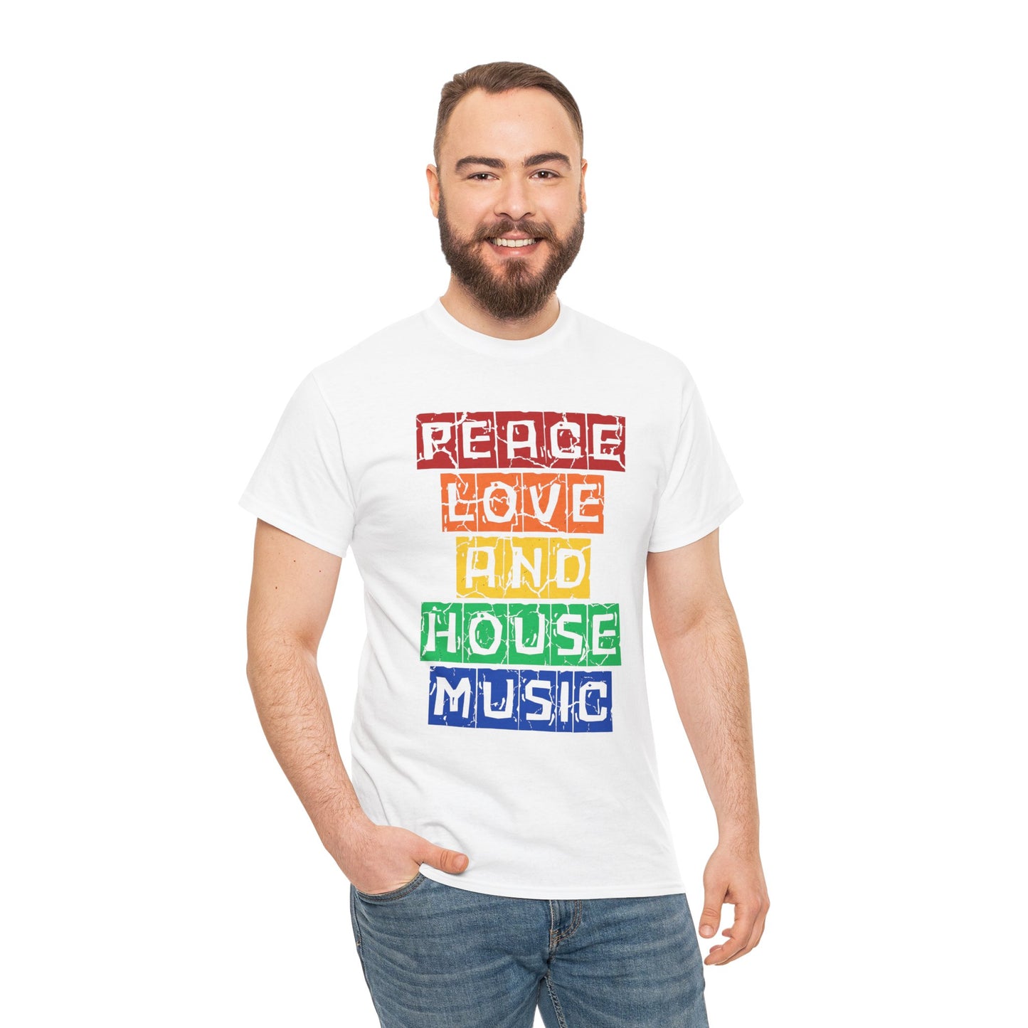 Peace Love and House Music T-Shirt — Unisex Heavy Cotton Tee