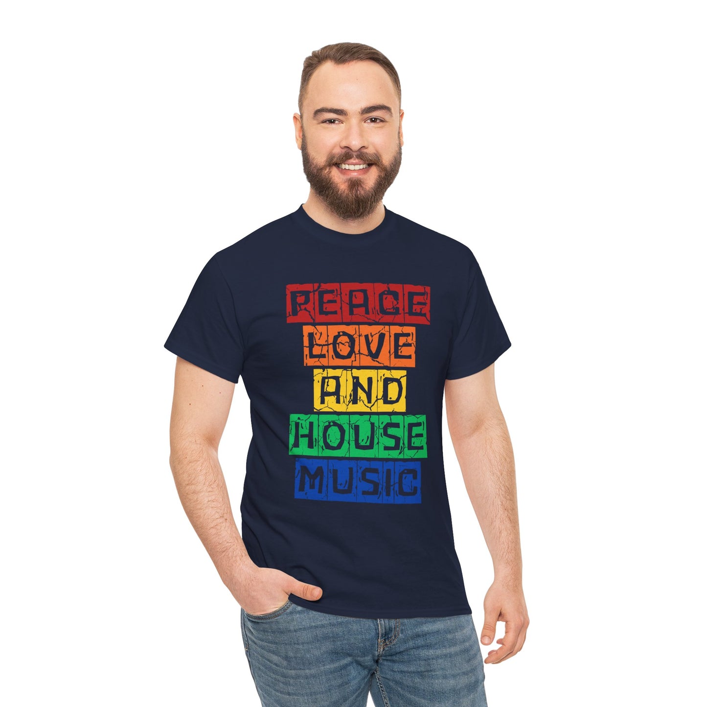 Peace Love and House Music T-Shirt — Unisex Heavy Cotton Tee