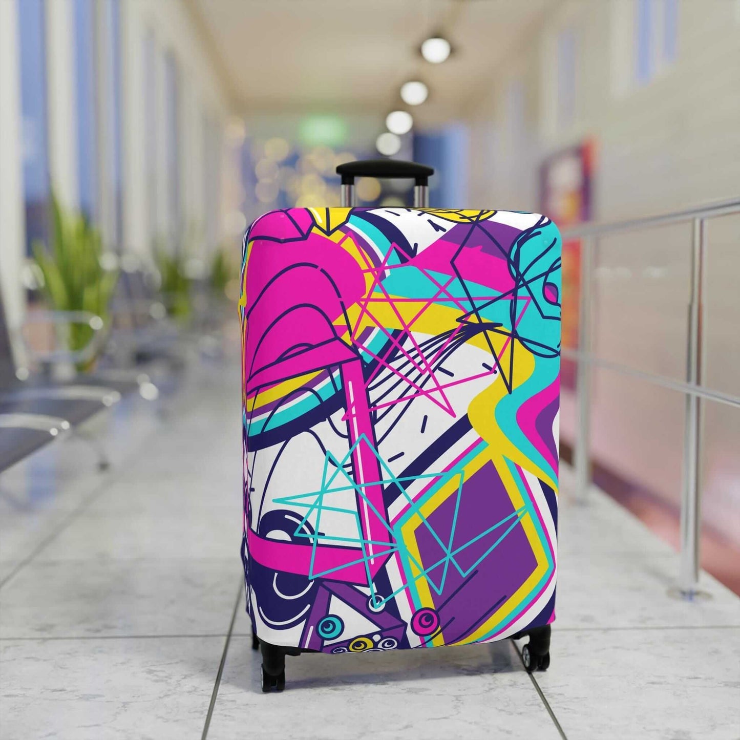 Colorful suitcase protector.