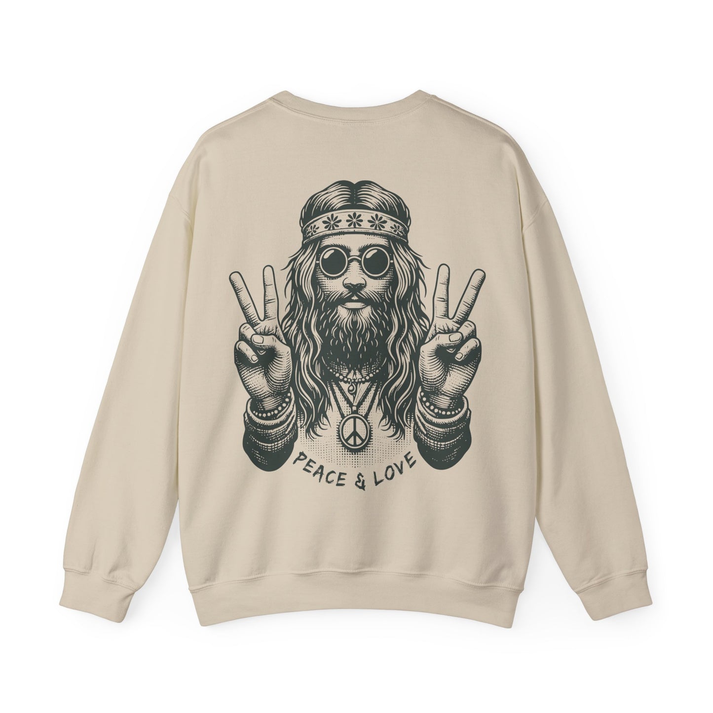 Beige sweatshirt with a graphic of a hippie holding peace signs and 'Peace & Love' text on a white background.
