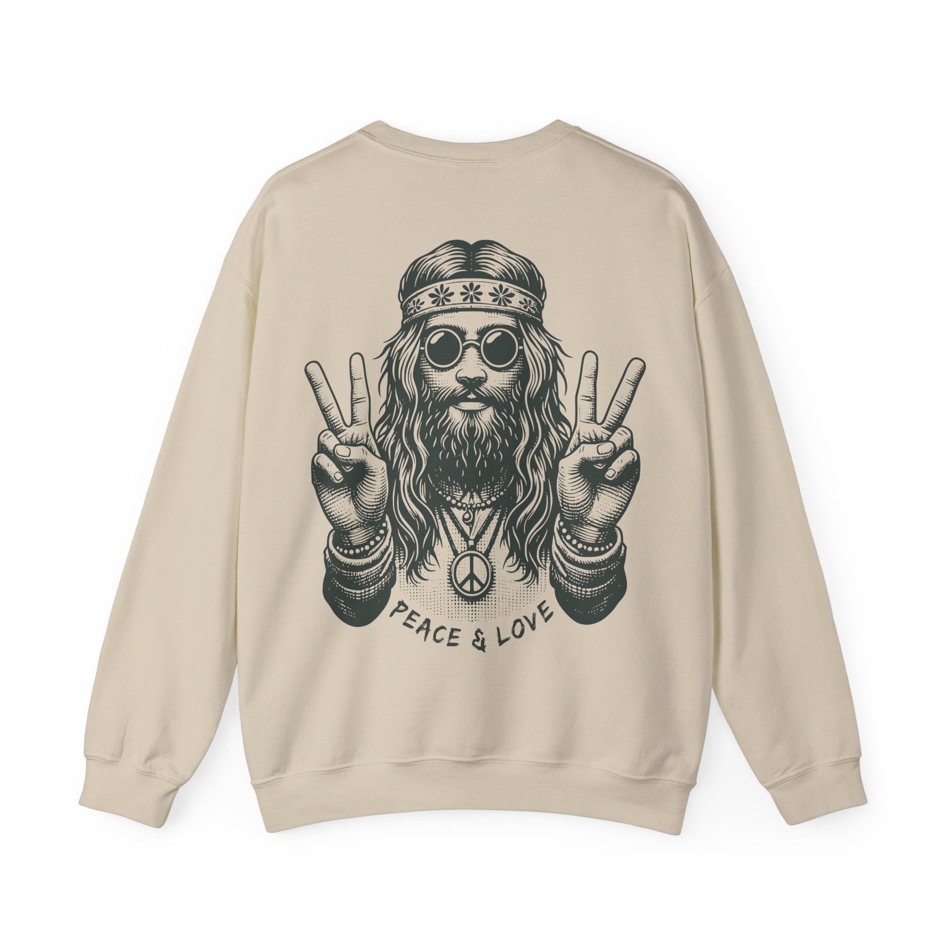 Beige sweatshirt with a graphic of a hippie holding peace signs and 'Peace & Love' text on a white background.