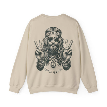 Beige sweatshirt with a graphic of a hippie holding peace signs and 'Peace & Love' text on a white background.