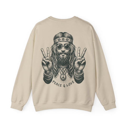 Beige sweatshirt with a graphic of a hippie holding peace signs and 'Peace & Love' text on a white background.