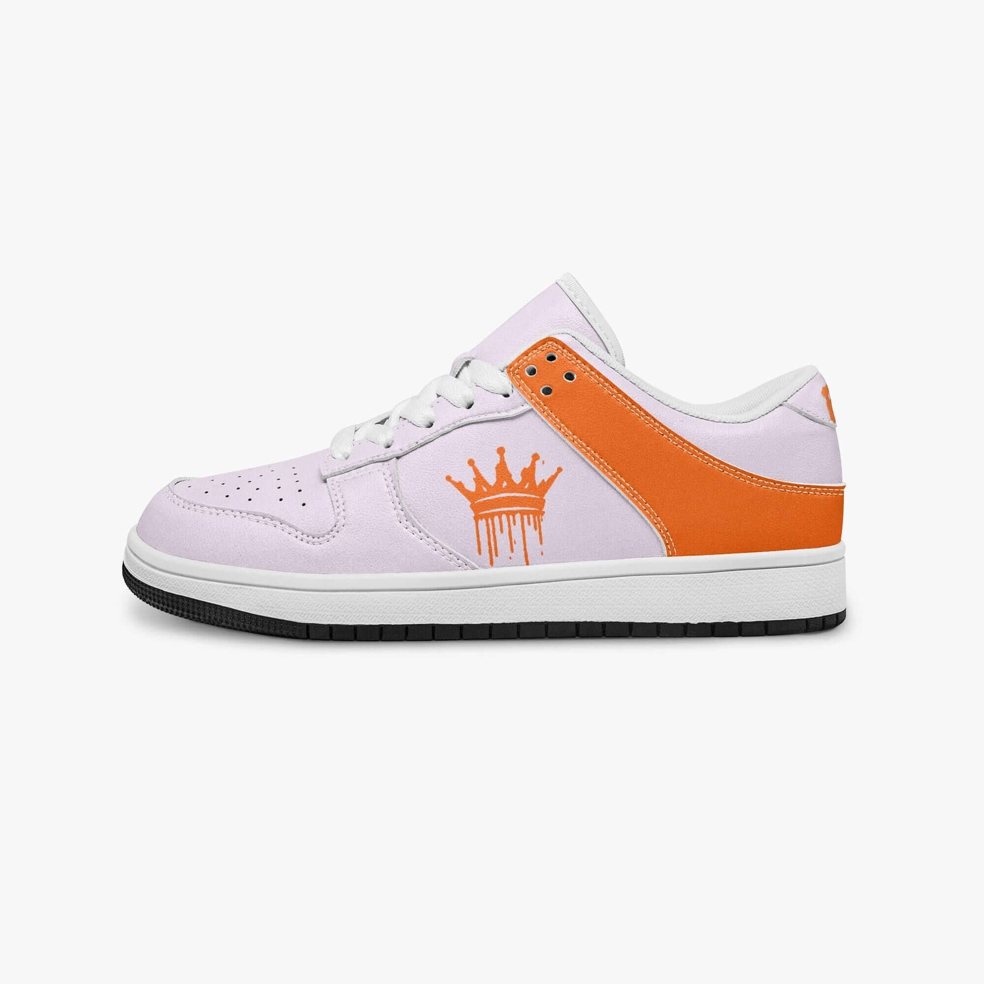 a white and orange shoe with a crown on it