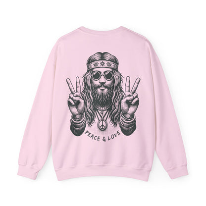Pink sweatshirt with a graphic of a hippie design and 'Peace & Love' text on a white background