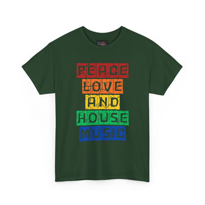 Peace Love and House Music T-Shirt — Unisex Heavy Cotton Tee