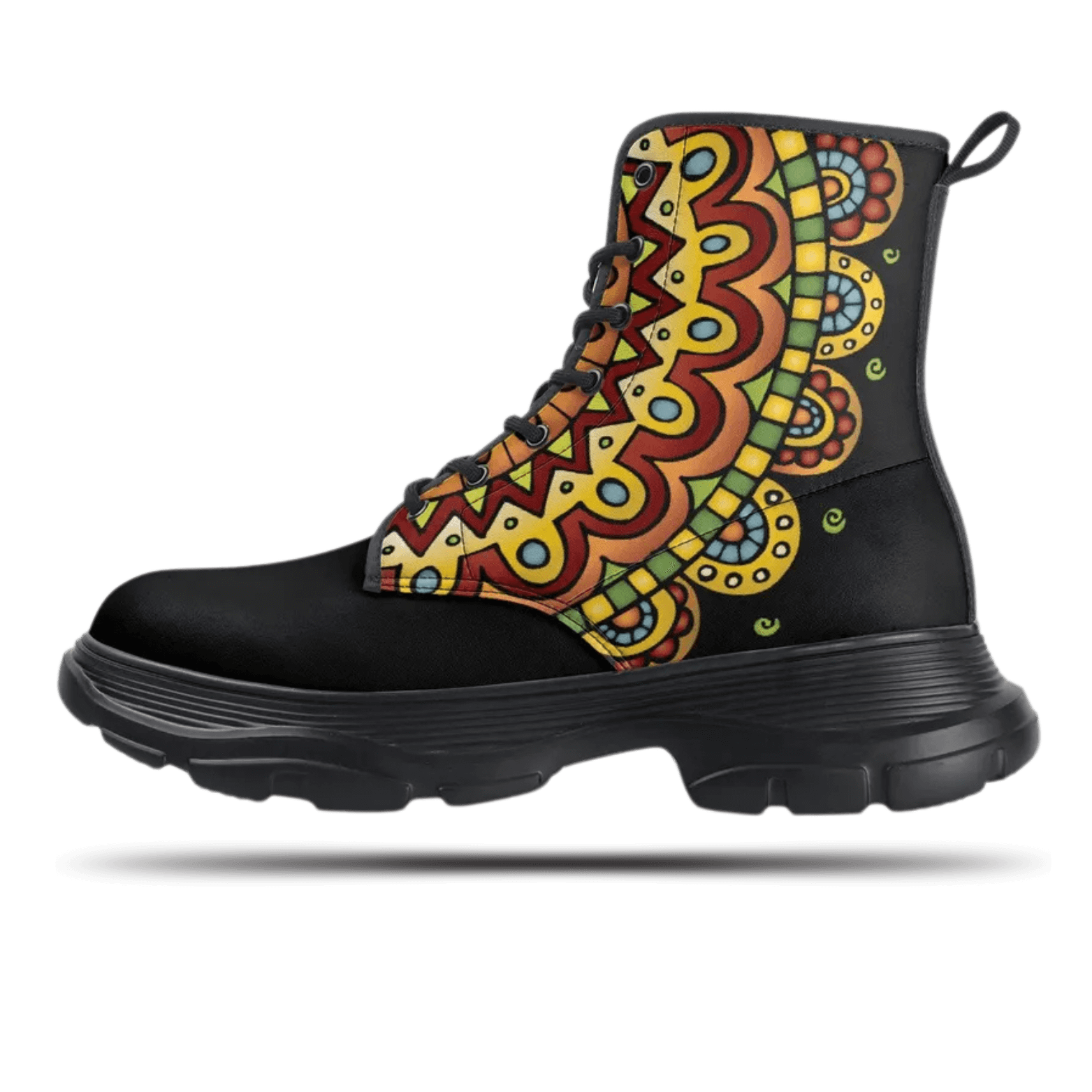 Tribal casual leather boots with colorful design, black rubber sole, perfect for boho and vintage style lovers.