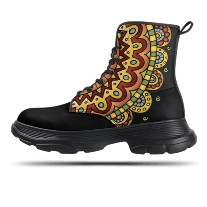 Tribal casual leather boots with colorful design, black rubber sole, perfect for boho and vintage style lovers.