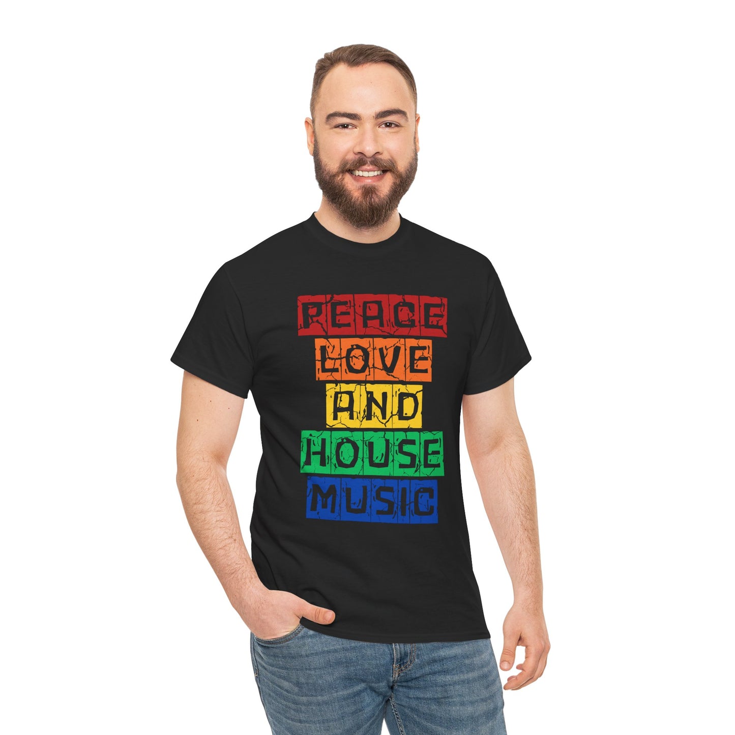 Peace Love and House Music T-Shirt — Unisex Heavy Cotton Tee