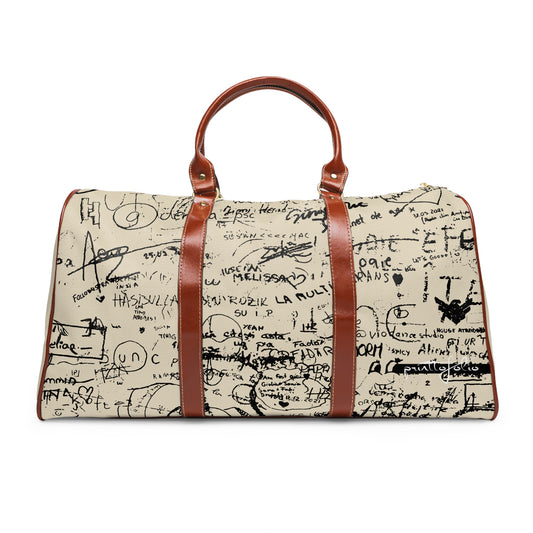 Beige handbag with black text and brown leather handles on a white background