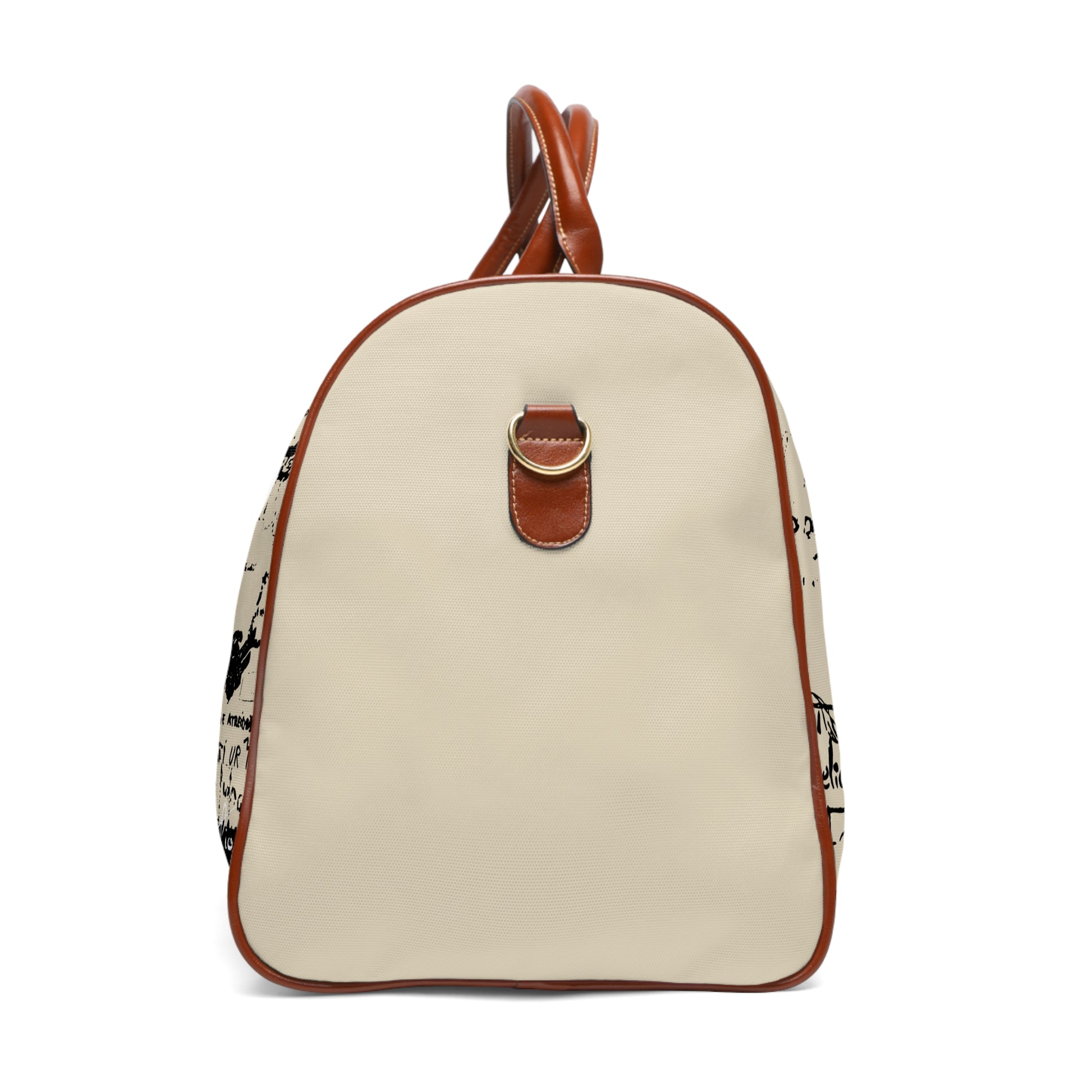 Beige backpack with brown leather accents on a white background