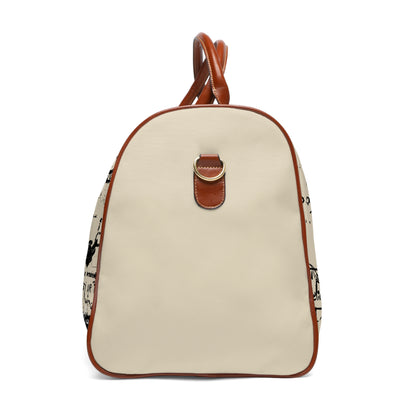 Beige backpack with brown leather accents on a white background