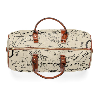 Duffel bag with artistic designs and text on a white background