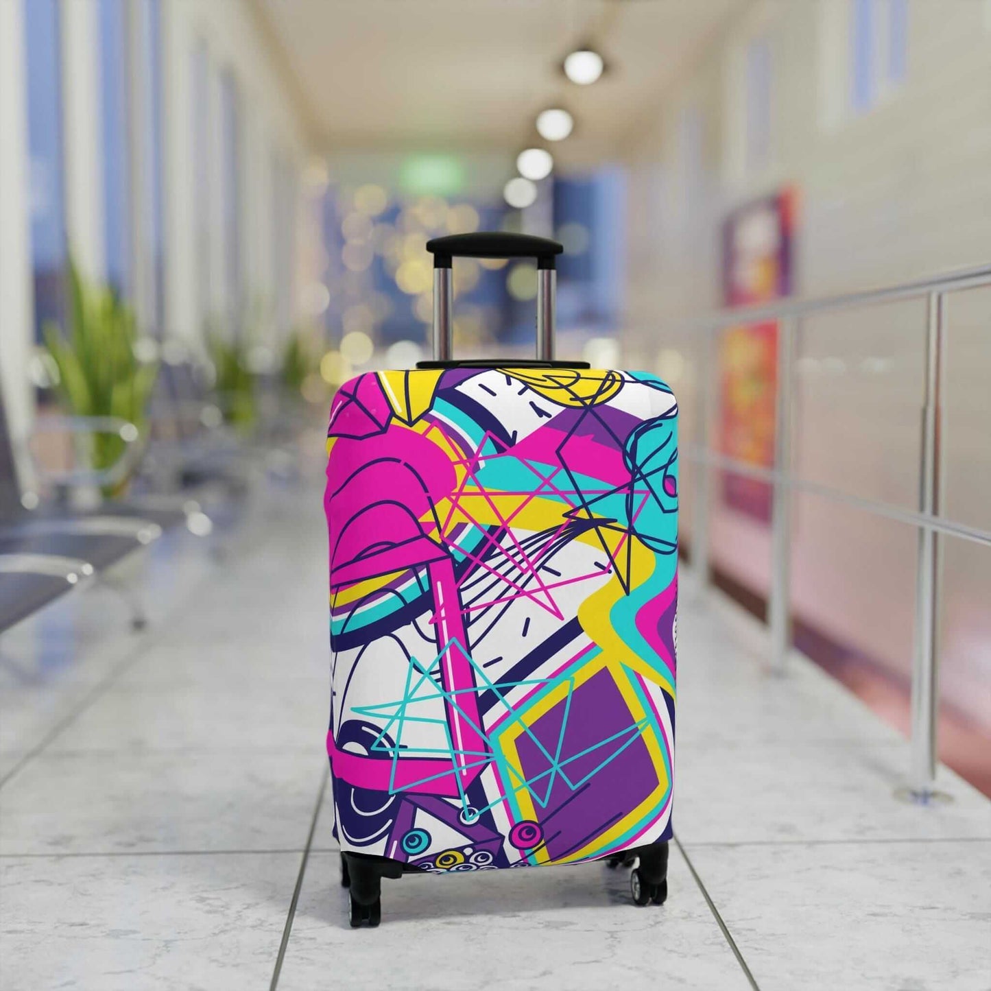 Colorful suitcase protector.